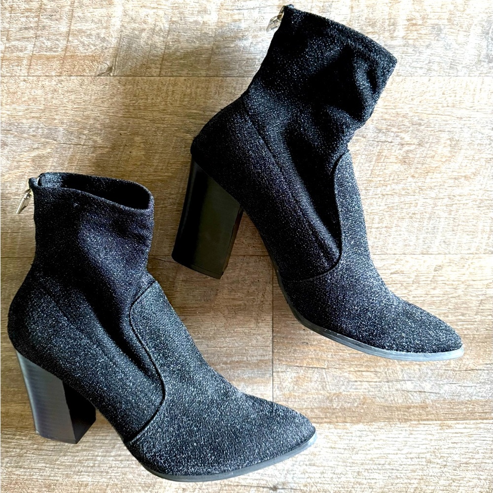 dv Dolce Vita Elana sparkle stretch black bootie ankle boot chunky heel zip